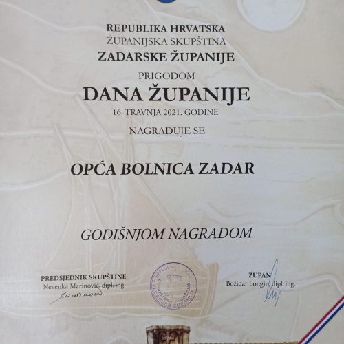 OB Zadar DODJELA GODIŠNJE NAGRADE ZADARSKE ŽUPANIJE ZA 2020. OPĆOJ BOLNICI ZADAR